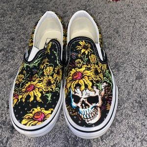skull and sunflower vans slipons